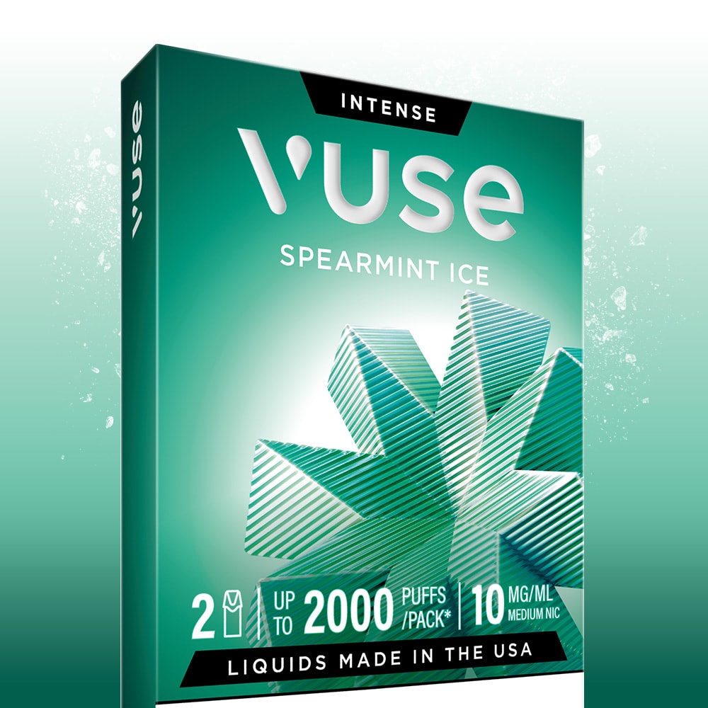 Packaging for Spearmint Ice Vuse Extra Intense Flavour Pods features a geometric mint design, highlighting 2 pods per pack, up to 2000 puffs, 10 mg/mL nicotine strength, and USA-made liquids.