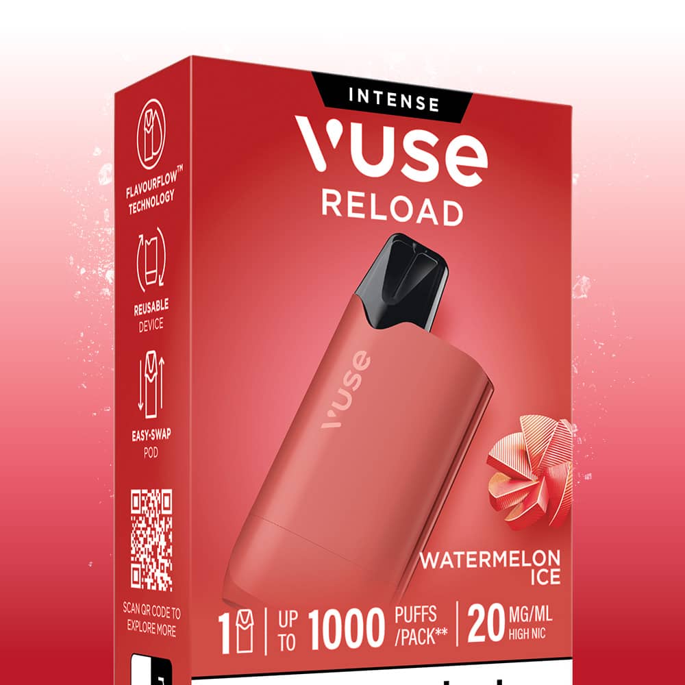A red rectangular Watermelon Ice Vuse Reload box showing the vape device and icons highlighting features like reusable technology and easy-swap pods.
