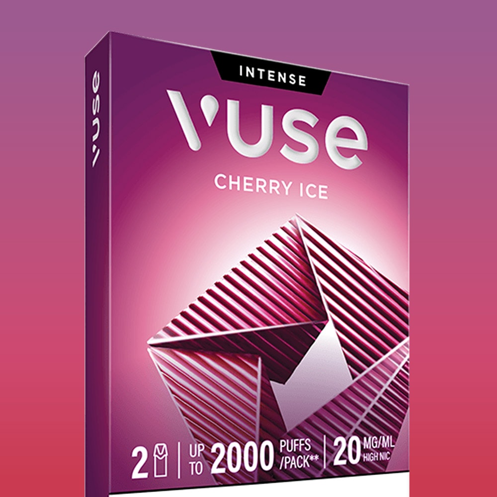 The Cherry Ice Extra Intense Flavour Pods come in a purple and pink box with geometric designs, offering 2000 puffs and 20mg/ml nicotine. Includes 2 Vuse PRO compatible, pre-filled pods for a smooth Cherry Ice vaping experience.