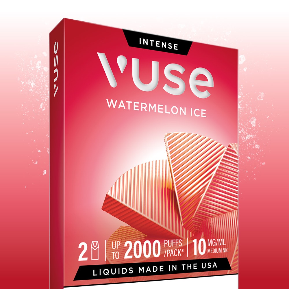 A red box of Vuse Watermelon Ice Extra Intense Flavour Pods with abstract stripes. Features: 2 packs, Vuse PRO compatible, up to 2000 puffs/pack, 10 mg/ml nicotine, USA-made liquid. Brand: Vuse.