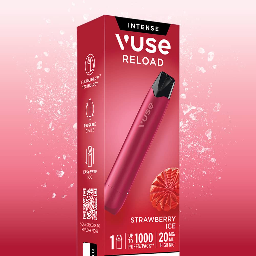 A red Strawberry Ice Vuse Reload Pen sits in front of its product packaging, which displays text indicating a strawberry ice flavor, 1000 puffs, and 20 mg nicotine strength.