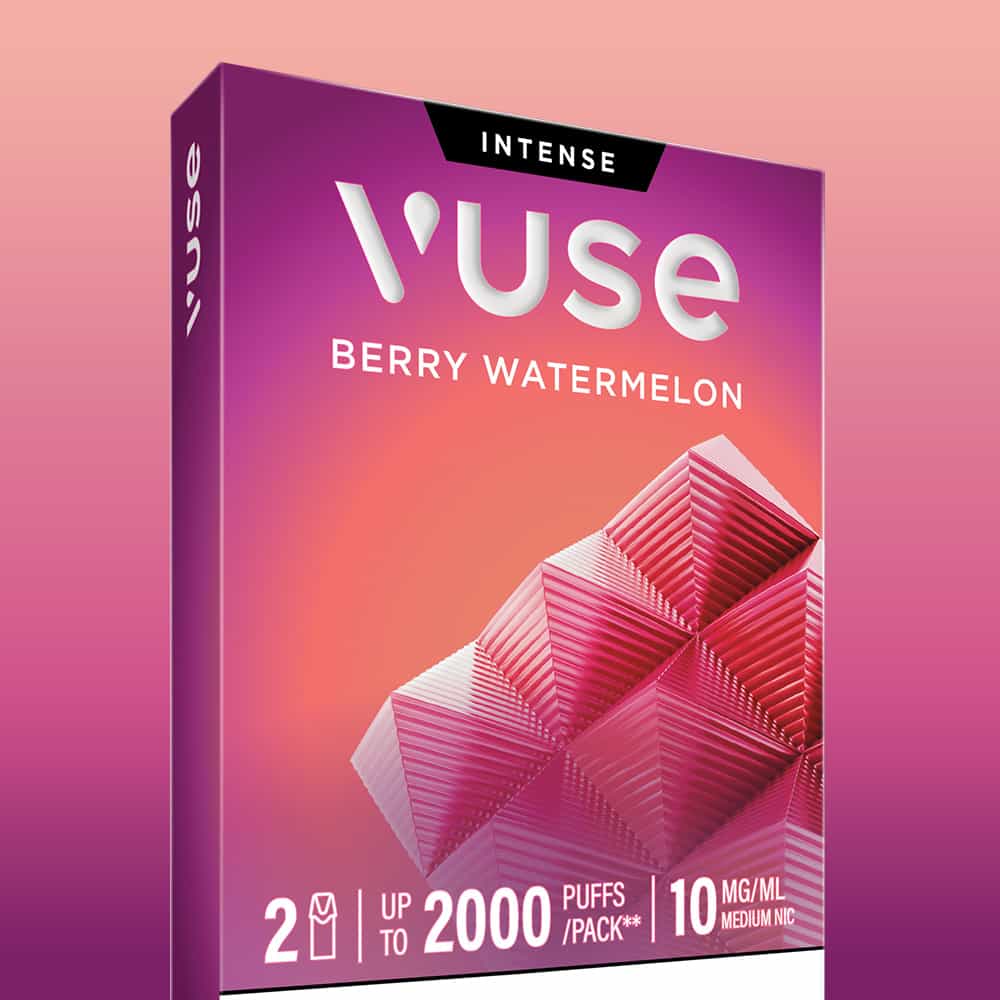 A pink and purple box for the Berry Watermelon Vuse Extra Intense Flavour Pods features geometric designs, product information, and the words “Intense,” “2000 Puffs,” and “10 MG/ML.” Highlighting these popular pods from Vuse, the packaging is compatible with Vuse PRO devices and contains convenient pre-filled e-liquid pods. The background displays a pink gradient.