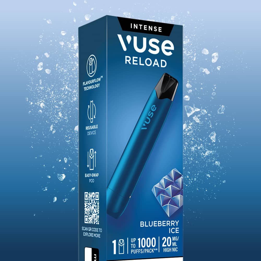 A blue Blueberry Ice Vuse Reload Pen next to its product packaging, which shows a capacity of 1000 puffs and a nicotine strength of 20mg.
