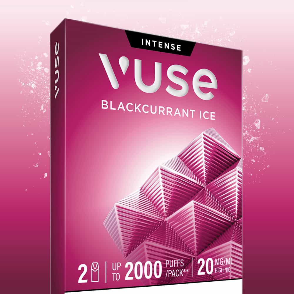 A stylish pink and purple box with geometric patterns contains Blackcurrant Ice Vuse Extra Intense Flavour Pods by Vuse. The packaging states 2 devices, up to 2000 puffs per pack, and 20 mg/ml nicotine. These convenient, pre-filled e-liquid pods are compatible with Vuse PRO devices and offer a hassle-free vaping experience.