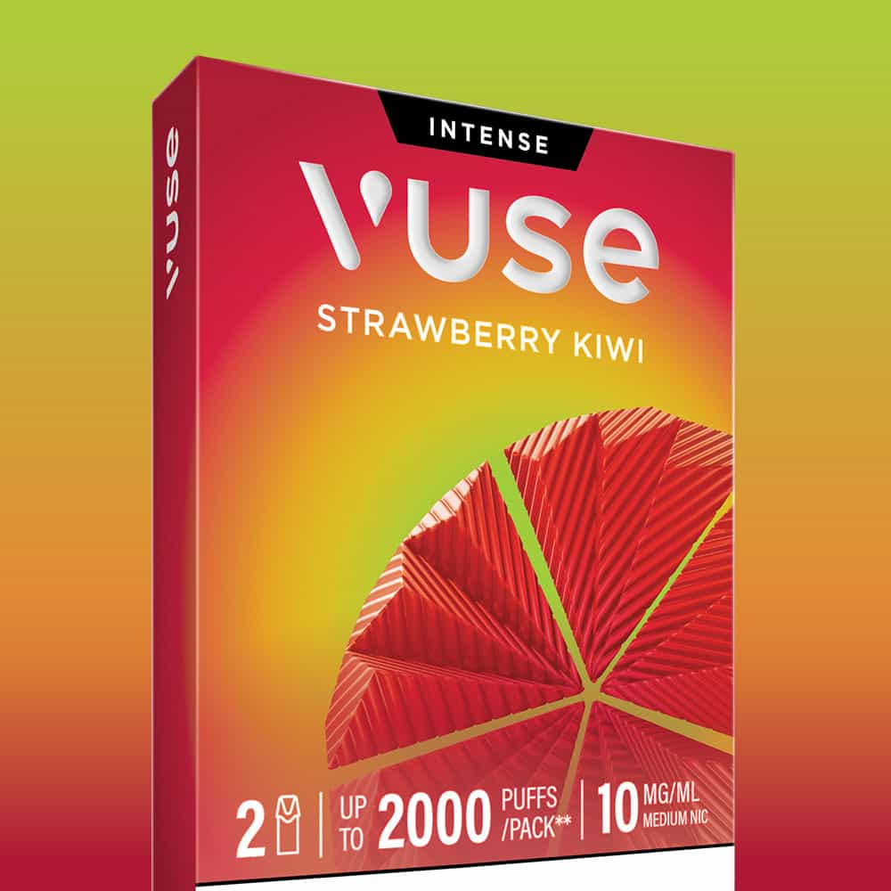 A box of Strawberry Kiwi Vuse Extra Intense Flavour Pods by Vuse, showcasing a vibrant red and green gradient background with a geometric fruit design, and text highlighting 2000 puffs and 10mg/ml nicotine strength—ideal for vapers who appreciate the convenience of Vuse’s pre-filled e-liquid pods from a brand committed to sustainability.