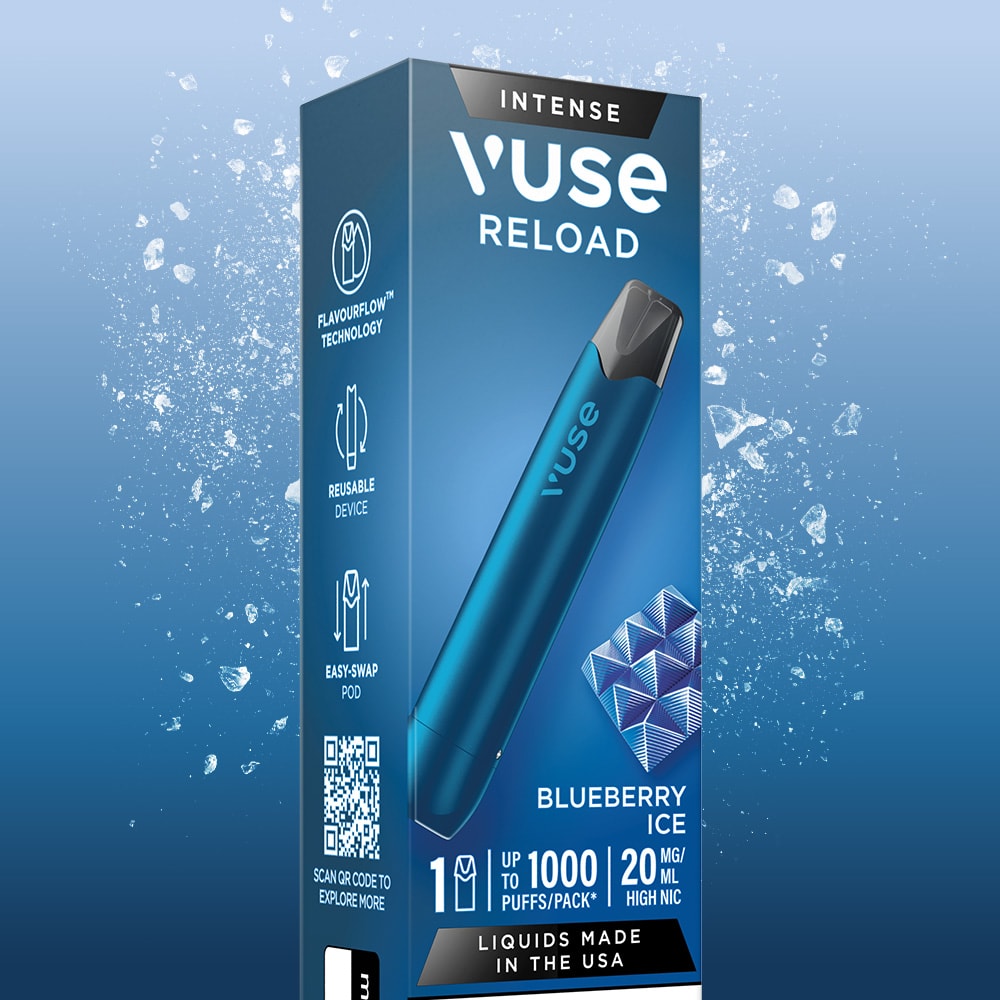The Blueberry Ice Vuse Reload Pen is displayed in its packaging with Blueberry Ice flavor, featuring 1000 puffs, 20mg nicotine, a QR code, and ice and blueberry imagery on the box.