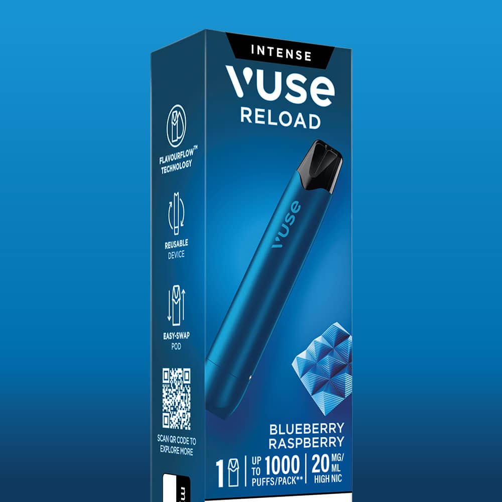 Blueberry Raspberry Vuse Reload Pen packaging showing a blue reusable vape pen with flavour description, nicotine strength, and puff count.