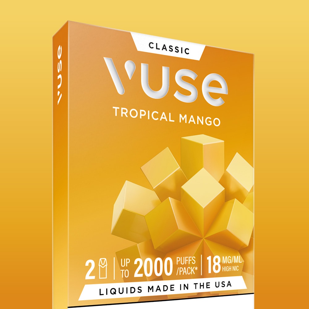 A yellow-orange Vuse pack labeled "Tropical Mango Vuse Classic Flavour Pods" highlights 2000 puffs, 18 mg/mL nicotine, U.S.-made liquid, and compatibility with Vuse PRO using pre-filled Tropical Mango pods.