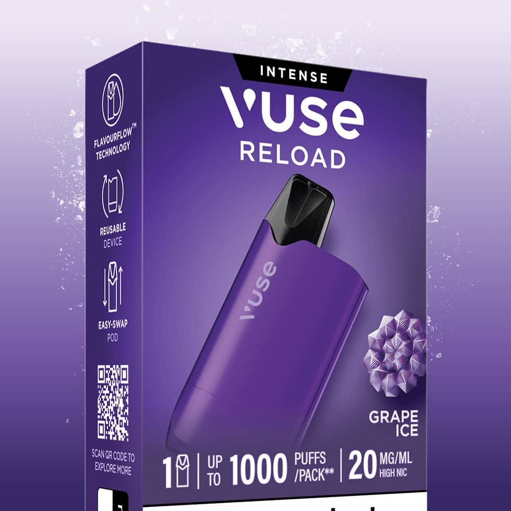 Purple Grape Ice Vuse Reload Box and reusable vape device featuring Intense and Reload text, including Extra Intense Pods icons and a 1000 puff rating.