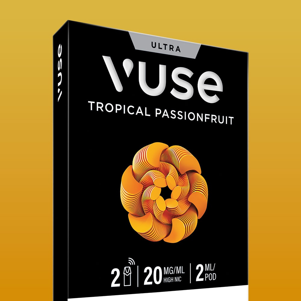 The Vuse Tropical Passionfruit Ultra Smart Pod pack features two 2ml pods (20mg/ml nicotine) with a ceramic heater, shown in a black box with orange and yellow swirls, set on a yellow background.