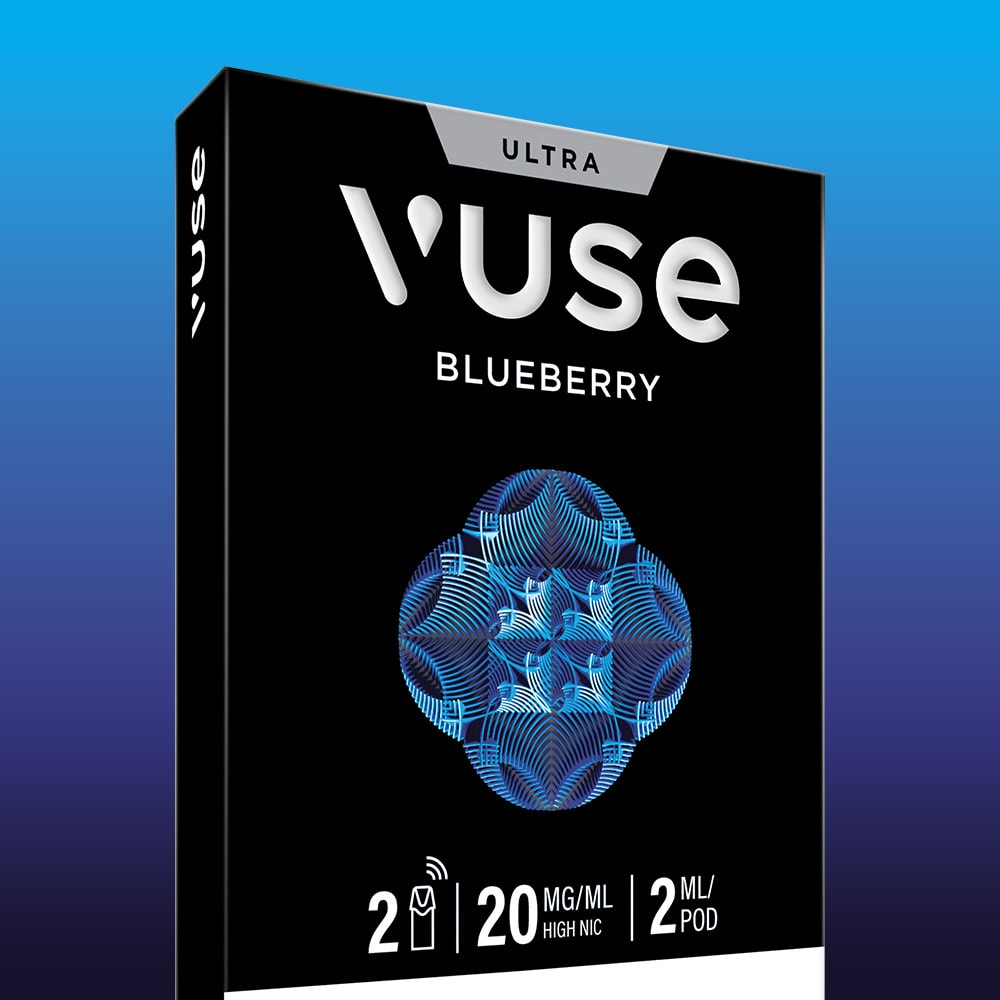 The Vuse Blueberry Ultra Smart Pod packaging features a geometric blue design, product name, icons for 2 pods, 20 mg/ml nicotine strength, and 2 ml pod size—providing a smooth vaping experience.