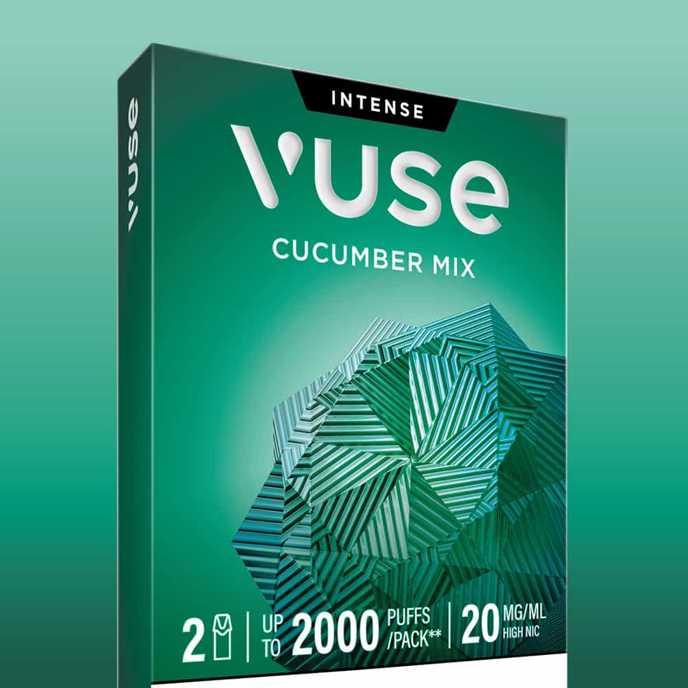 A green Vuse package labeled “Cucumber Mix Vuse Extra Intense Flavour Pods” features geometric artwork and text indicating 2 pre-filled e-liquid pods with nic salts, delivering up to 2000 puffs per pack and 20 mg/ml high nicotine.