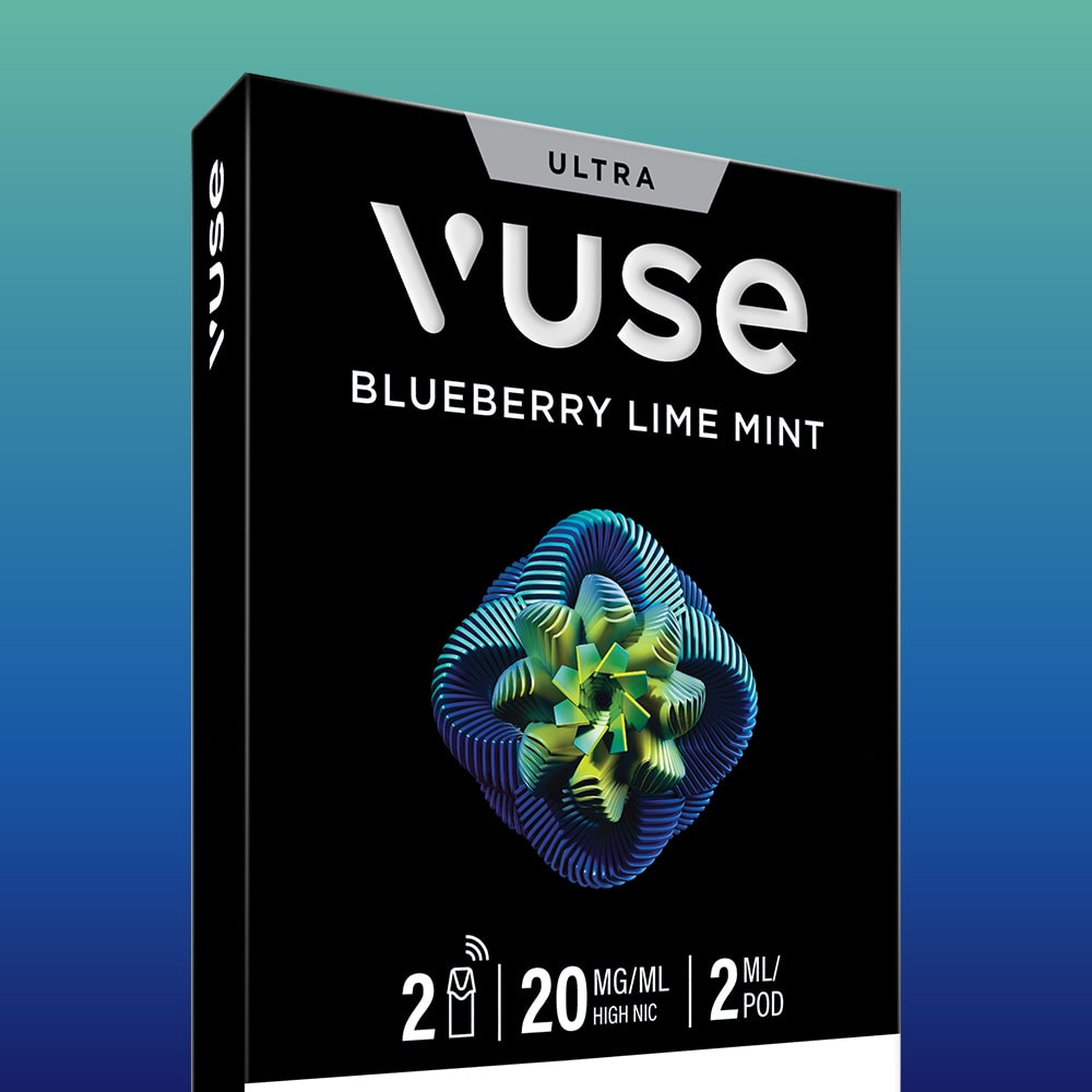 Vuse Blueberry Lime Mint Ultra Smart Pod: each box contains 2 pods (2 ml, 20 mg/ml nicotine), ceramic heater for a smooth vape, and comes in a geometric blue-green design.