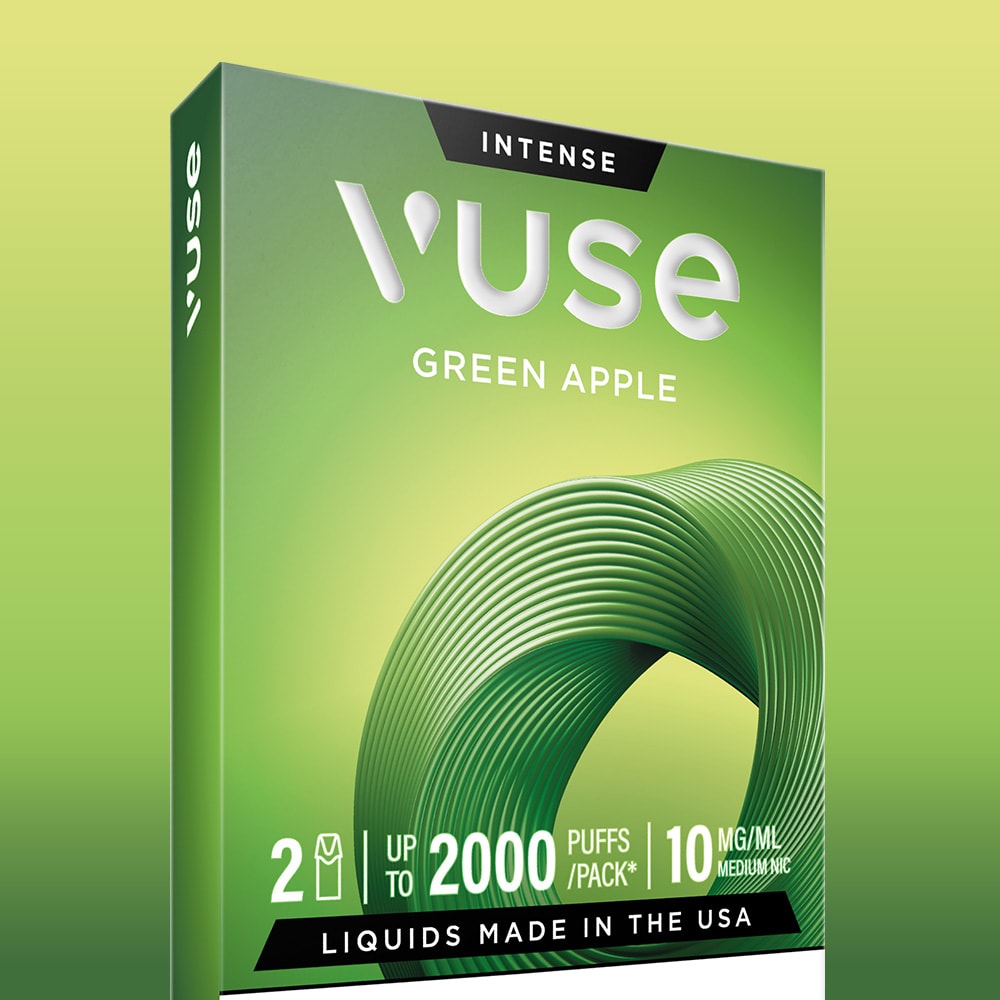 Vuse Green apple pod pack on a green background