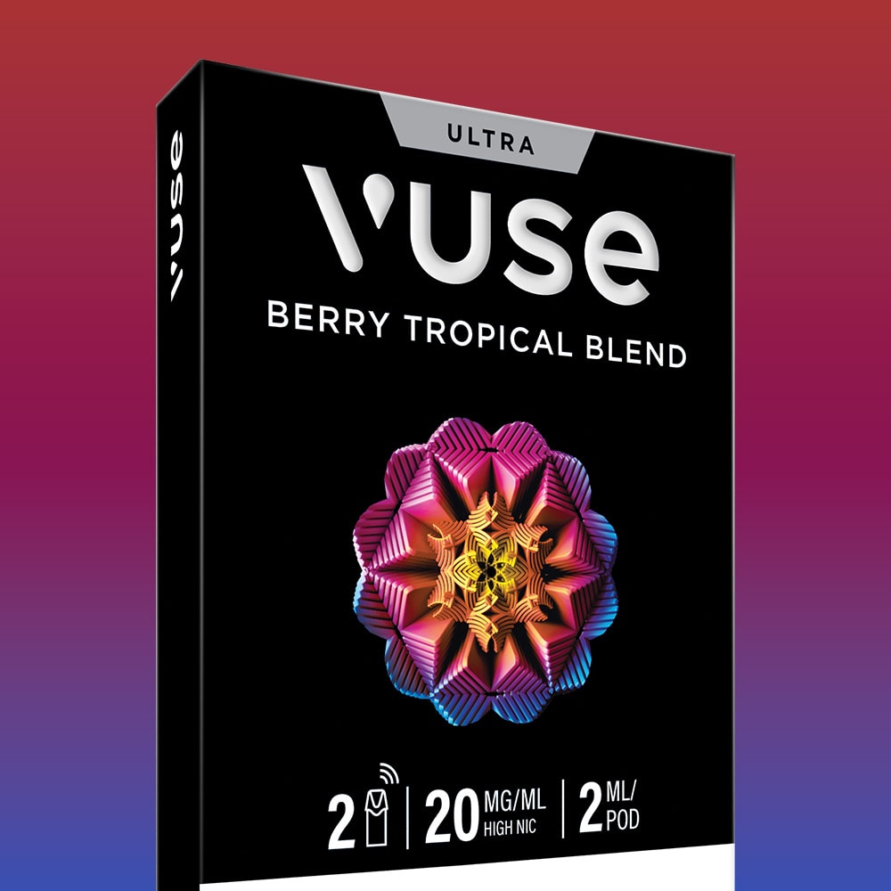 A Vuse Berry Tropical Blend Ultra Smart Pod box with geometric flower design, featuring 2 ceramic heater pods (20mg high nicotine, 2ml each), product name and details on a gradient red-blue background.