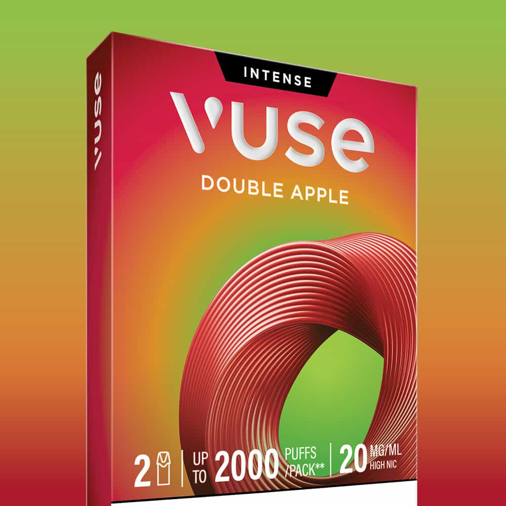 A Vuse Double Apple Extra Intense Flavour Pods pack, featuring bold red and green colors, showcases the INTENSE Double Apple pods. Each pack contains 2 Vuse pre-filled e-liquid pods with up to 2000 puffs per pack and 20 mg/mL nic salts nicotine.