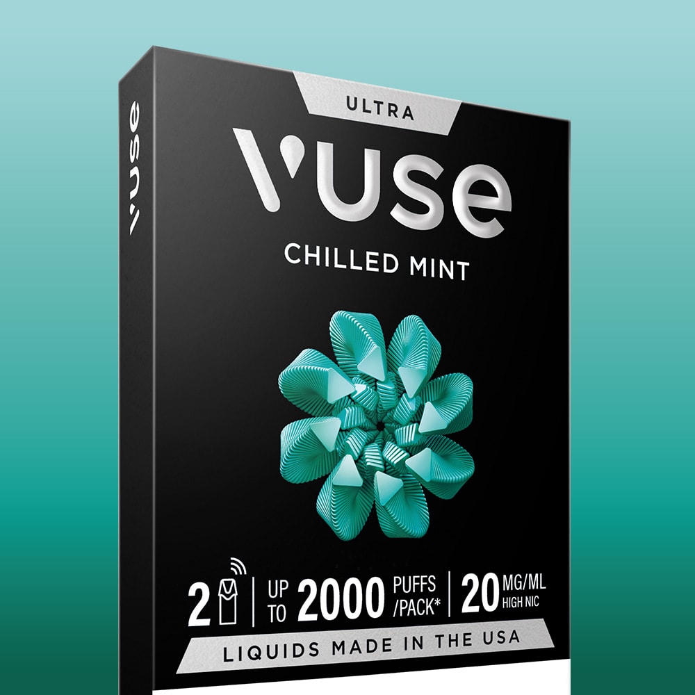 The Chilled Mint Ultra Smart Pod features a teal mint leaf on black, offers 2000 puffs per pack, 20 mg/ml nic salts, and a delicious mint flavor. Includes Vuse Smart Pods with USA-made liquid.