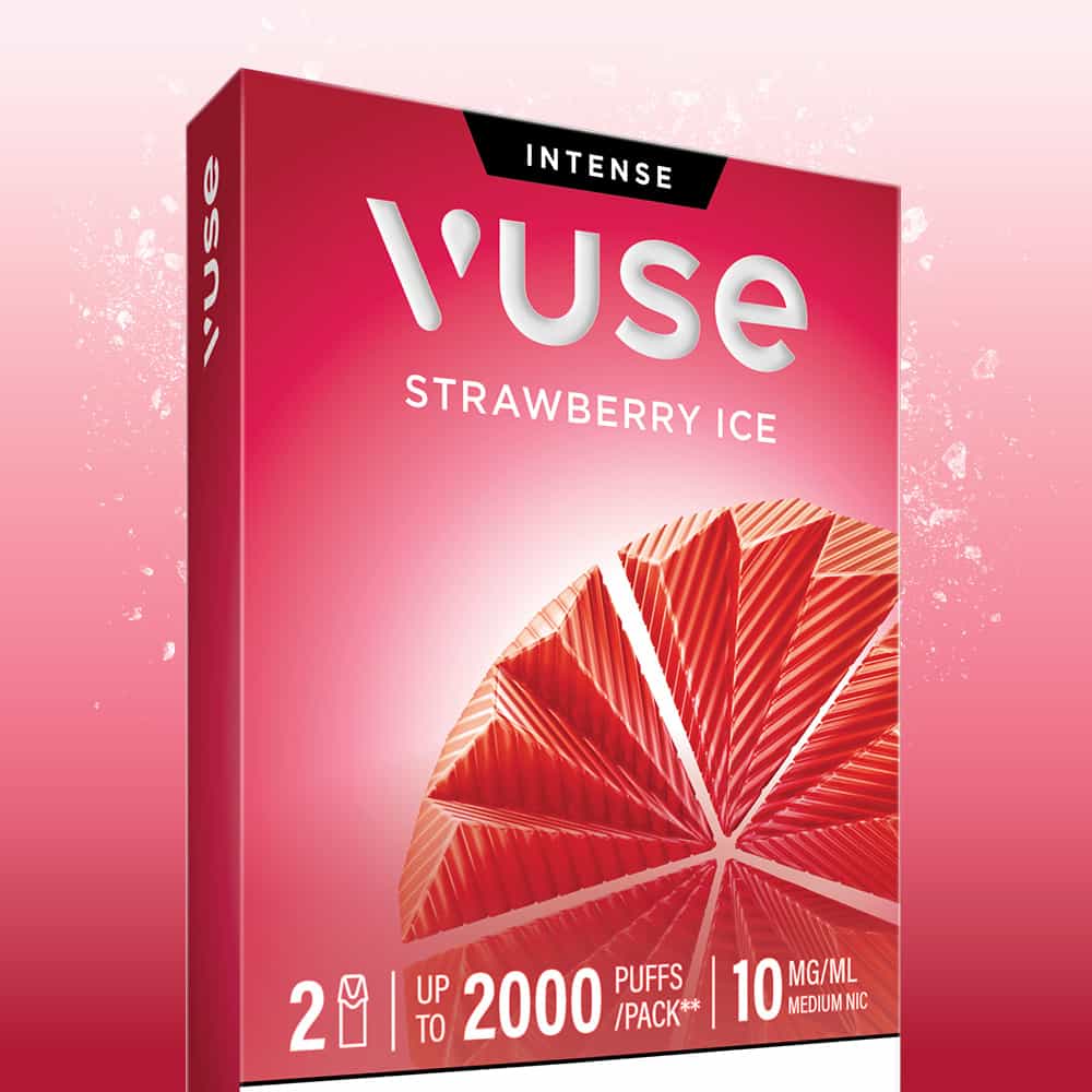 A red Vuse Strawberry Ice Extra Intense Flavour Pods package containing 2 pre-filled e-liquid pods, each compatible with Vuse PRO devices and delivering up to 2000 puffs per pack with a nicotine strength of 10 mg/ml. The box features a stylized strawberry ice illustration for visual appeal.