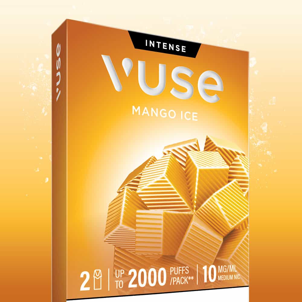 Vuse Mango Ice Extra Intense Flavour Pods packaging showcases geometric mango shapes and text stating “Mango Ice Vuse Extra Intense Flavour Pods,” includes 2 devices, up to 2000 puffs per pack, and 10mg/ml nicotine, all displayed on an orange gradient background.