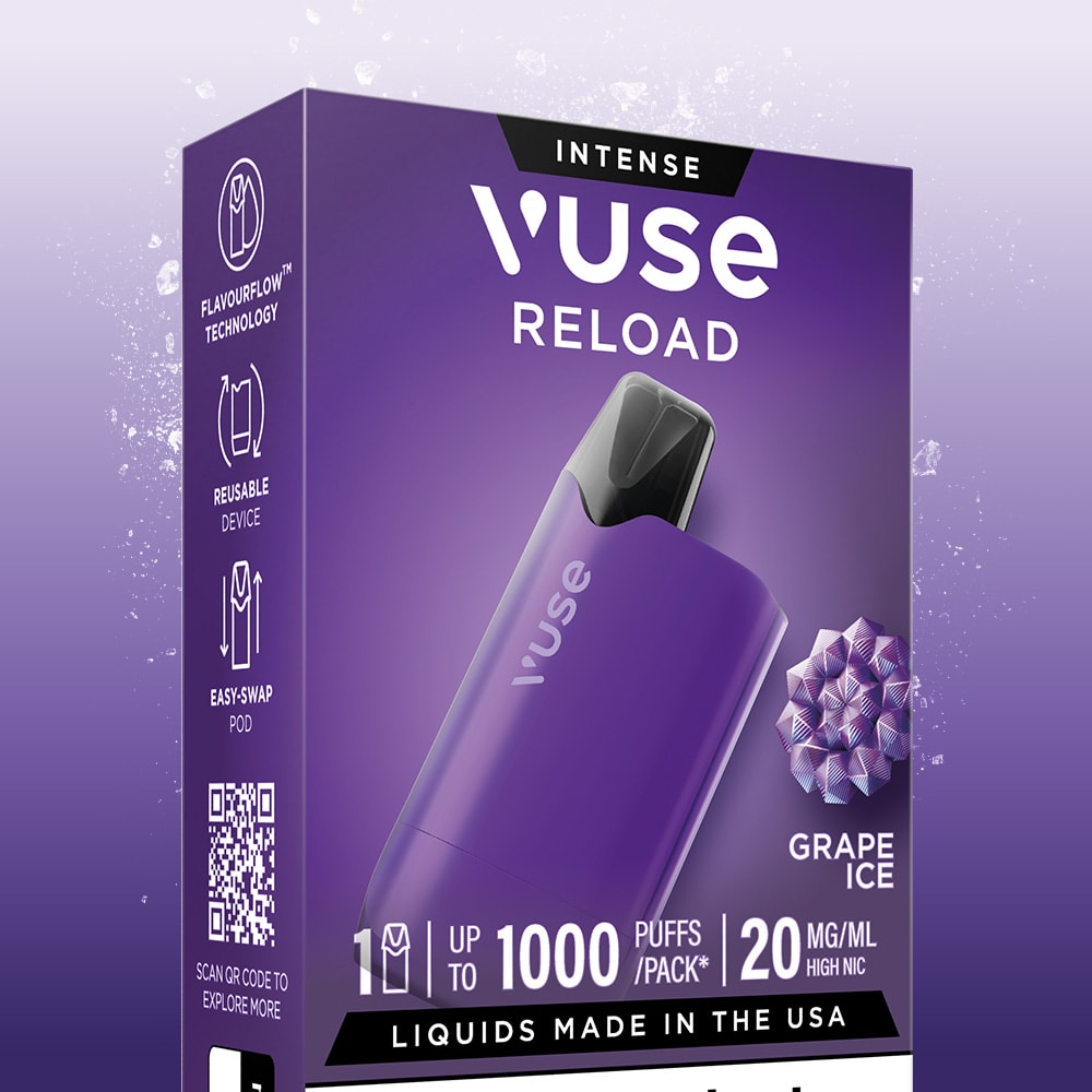 The Grape Ice Vuse Reload Box by Vuse features FlavourFlow tech, offers up to 1000 puffs per pack, 20 mg/mL nicotine, a reusable device with easy-swap pods, and showcases a purple geometric grape design on the packaging.