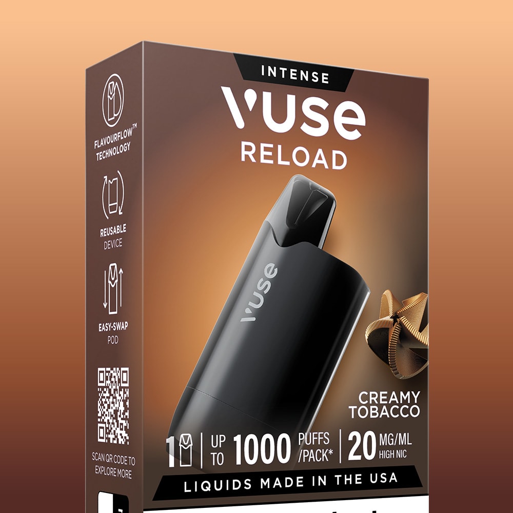 The Creamy Tobacco Vuse Reload Box by Vuse features a premium vape device image, flavor details, 1000 puffs per pack, 20 mg/ml nicotine strength, and key product icons.