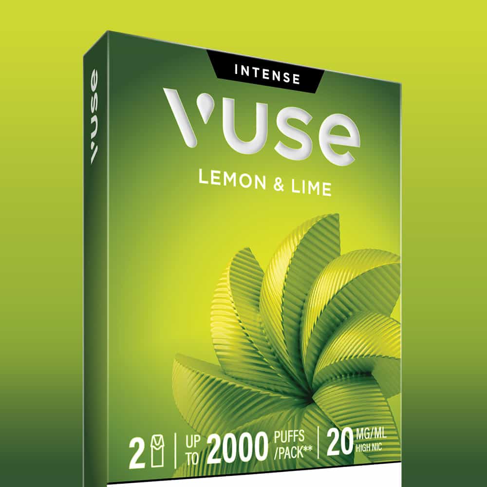 Lemon & Lime Vuse Extra Intense Flavour Pods packaging features a vibrant green design with stylized leaf accents, highlighting its refreshing Lemon & Lime flavour. The text emphasizes that each pack contains 2 Vuse Pods, pre-filled with e-liquid for up to 2000 puffs, each with a nicotine strength of 20 mg/ml.