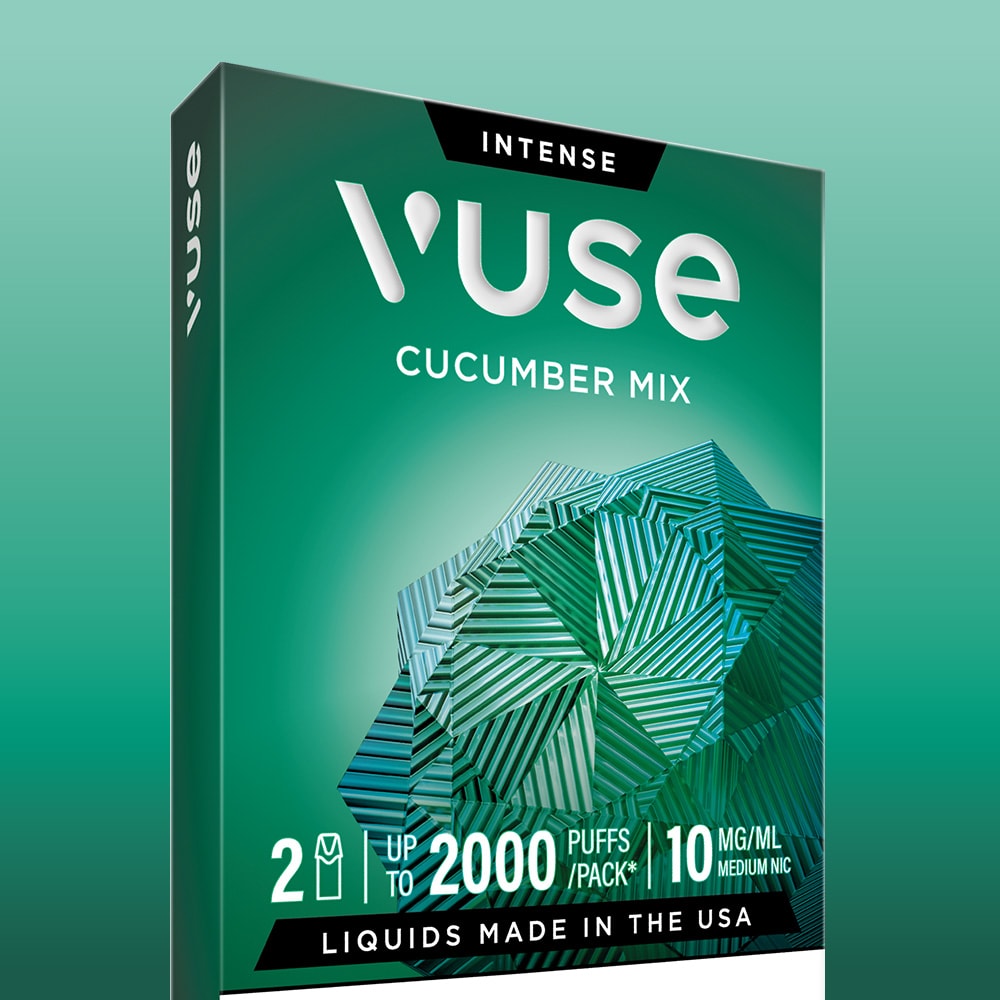 A green and black box of Cucumber Mix Vuse Extra Intense Flavour Pods with a geometric design, pre-filled e-liquid (10 mg/ml), "Liquids Made in the USA" text, and up to 2000 puffs per pack.