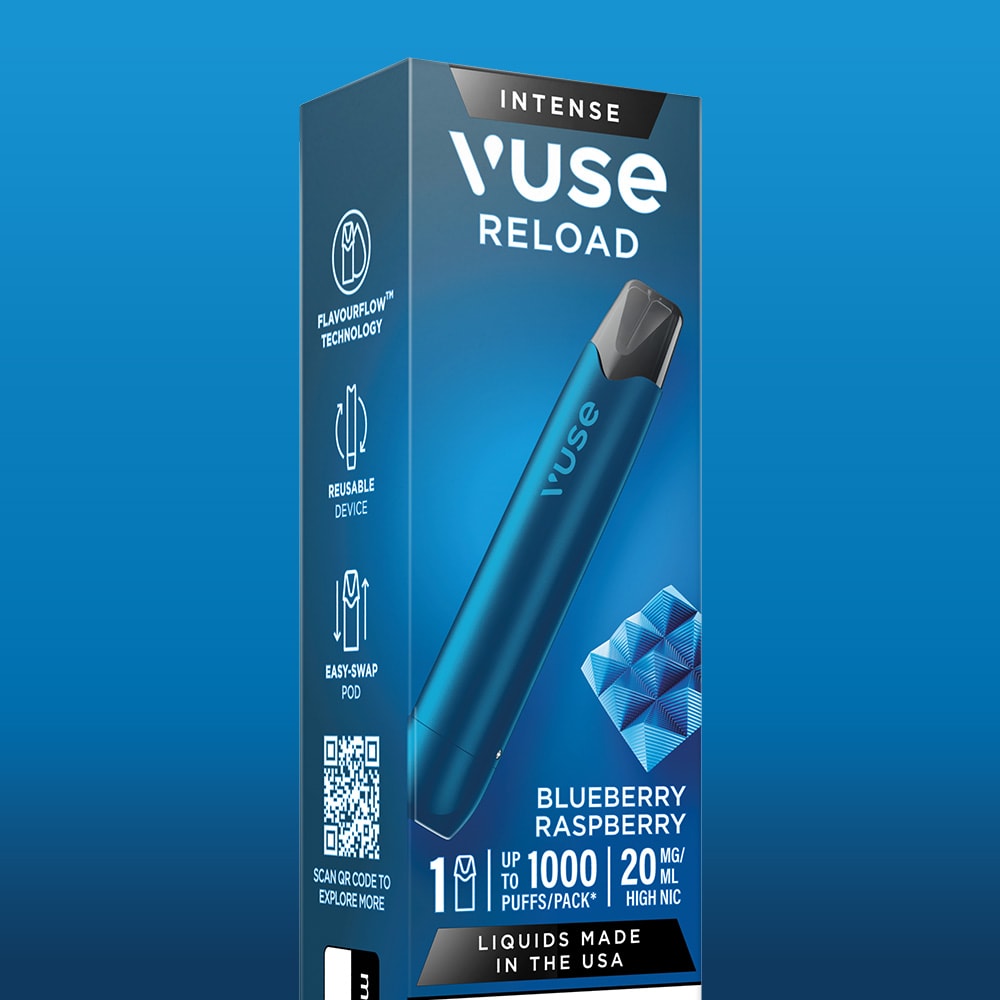 The Blueberry Raspberry Vuse Reload Pen by Vuse features a premium reusable vape with easy-swap pods, delivering up to 1000 puffs of 20mg high nicotine, highlighted on bold blue packaging.