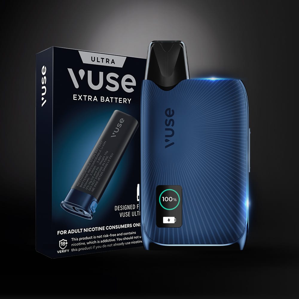 A Vuse Ultra vaping device with a digital battery display and replaceable battery stands beside its packaging, labeled Vuse Ultra Replacement Battery by Vuse, against a dark background.