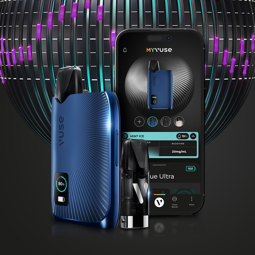 A Vuse Ultra Device Kit in blue with LED display sits next to a vape pod and a smartphone showcasing the Vuse app’s Bluetooth feature, set against abstract curved lines with purple and teal accents.