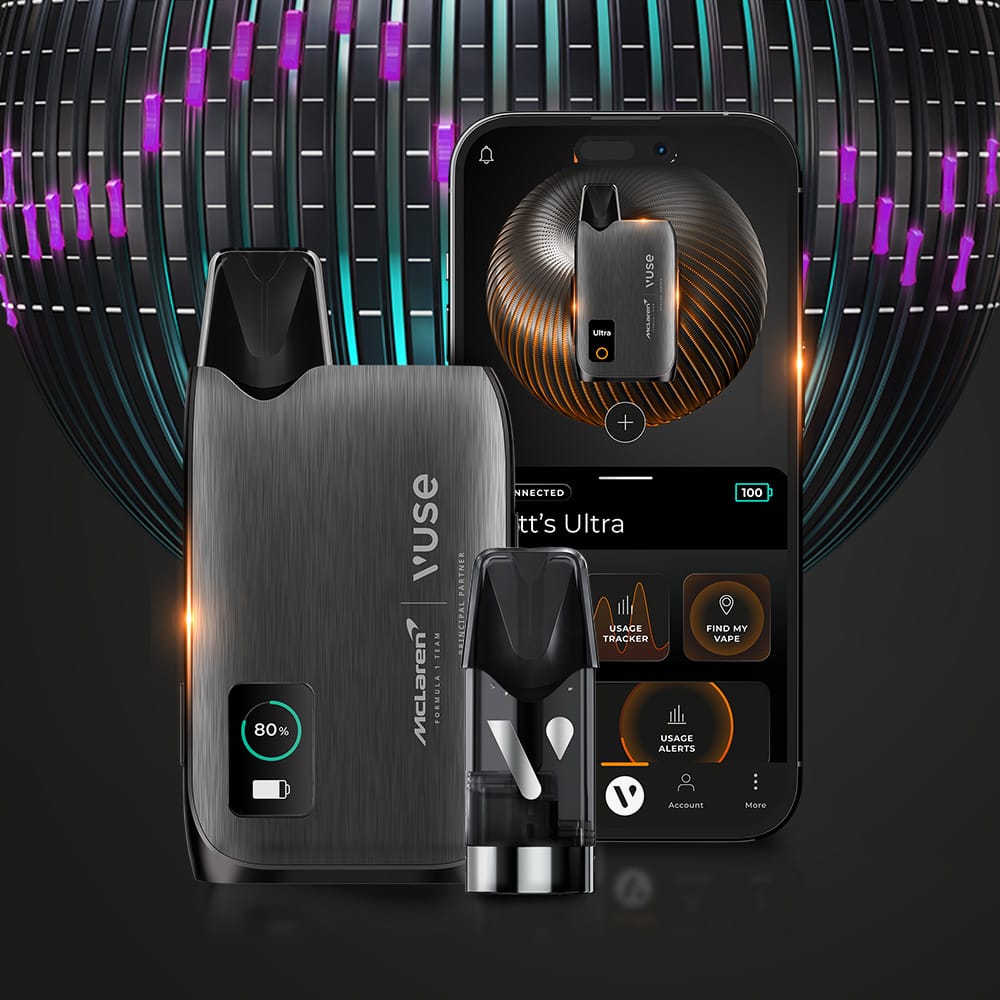 The Vuse Ultra Device McLaren by Vuse, a cartridge, and a smartphone with the Vuse app appear on a digital background with glowing purple and blue lines. The vape device displays an 80% battery indicator.