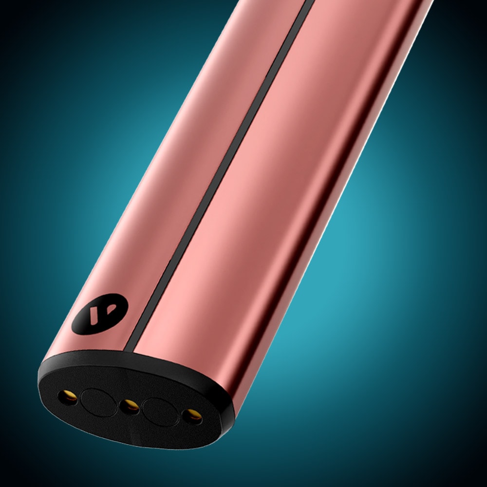A close-up of the Vuse Pro Device Kit by Vuse, featuring a sleek metallic rose gold finish, three gold contact points, and a black line along its length, set against a blue gradient background.