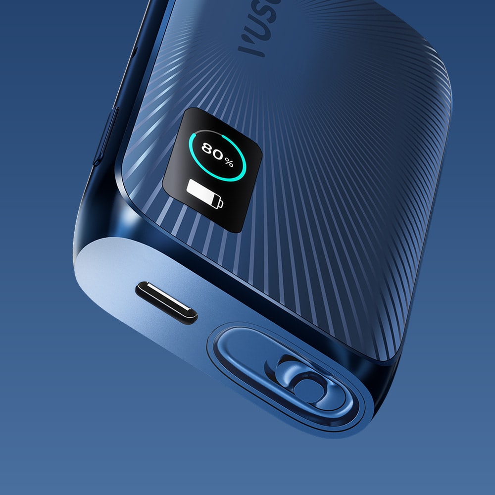 A close-up of the Vuse Ultra Device Kit by Vuse shows its sleek blue design, Bluetooth connectivity, a small screen at 80% battery, textured surface, USB-C port, and a circular corner button.