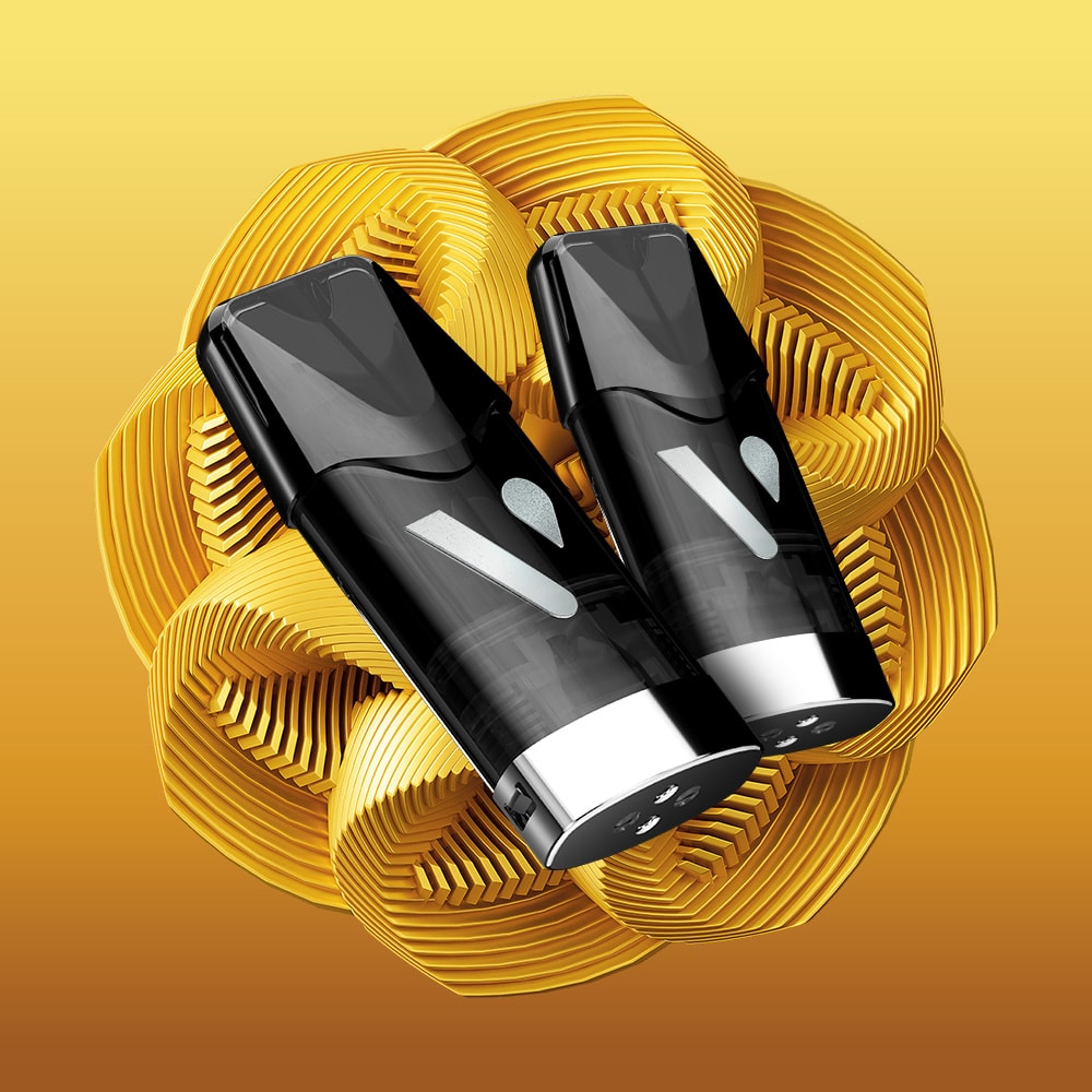 Two Vuse Golden Tobacco Ultra Smart Pods with transparent chambers are side by side on a golden geometric circular background with an abstract woven pattern, all set against a yellow gradient backdrop.