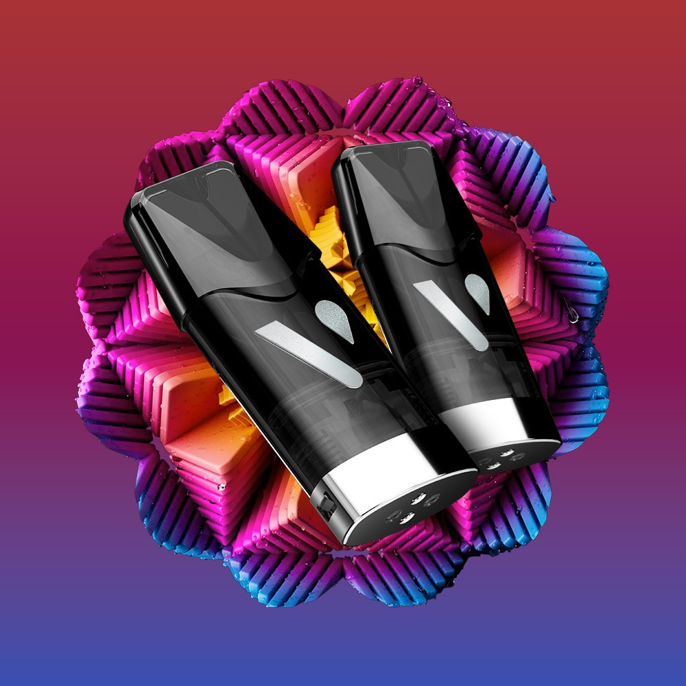 Two sleek black and silver Vuse Berry Tropical Blend Ultra Smart Pods are side by side on a vibrant geometric, flower-like background, set against a stunning gradient—capturing the energy of a premium vaping experience.