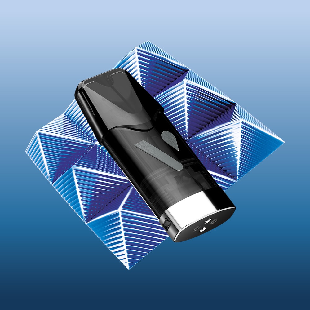 The Vuse Blueberry Ice Reload Box vape sits on a geometric blue and white patterned surface, with a gradient blue background.