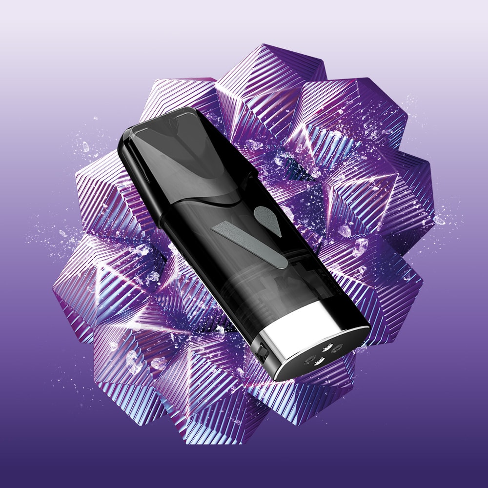 The Grape Ice Vuse Reload Box by Vuse stands before a geometric purple 3D backdrop with white accents, showcasing its sleek modern design and advanced FlavourFlow technology.