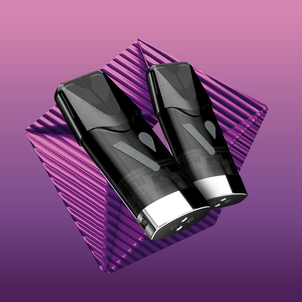 Two sleek black and silver Dark Cherry Vuse Extra Intense Flavour Pods rest diagonally on a translucent, ribbed purple block, set against a pink-to-purple gradient—delivering rich cherry flavour with every pre-filled e-liquid pod.