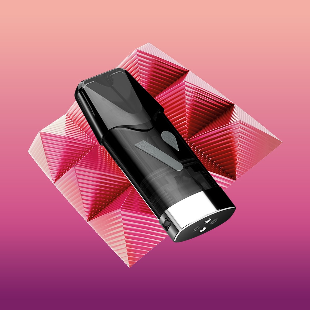 The Berry Watermelon Vuse Reload Pen by Vuse is showcased in sleek black and silver against geometric pink and red pyramid shapes with a gradient pink to purple backdrop.