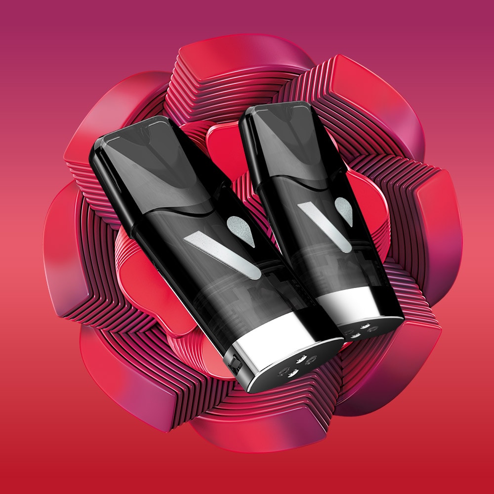 Two sleek black Vuse Watermelon Hibiscus Ultra Smart Pods with silver tips and ceramic heaters are displayed in front of a stylized layered red and purple rose design on a gradient pink background.