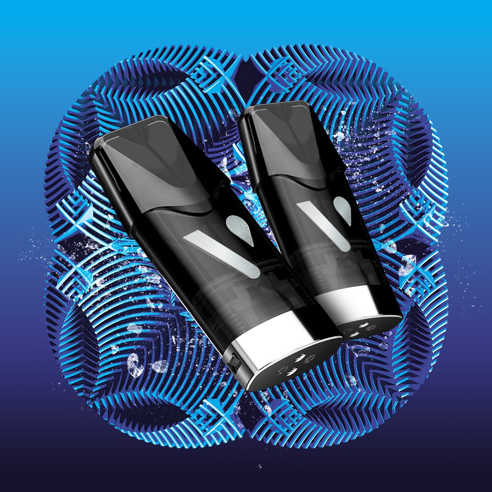 Two sleek black Vuse Blueberry Ice Ultra Smart Pods with silver bottoms are displayed diagonally on a vibrant blue background, showcasing their innovative ceramic heater for an enhanced vaping experience.