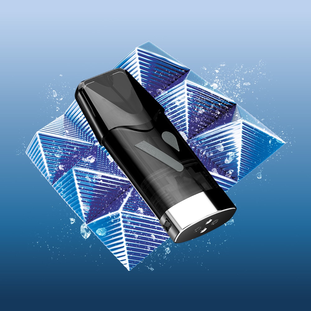 The Blueberry Ice Vuse Reload Pen, in sleek black and silver, is displayed diagonally atop two geometric blue ice cubes against a gradient blue background with water splashes, highlighting its cool and refreshing appeal.
