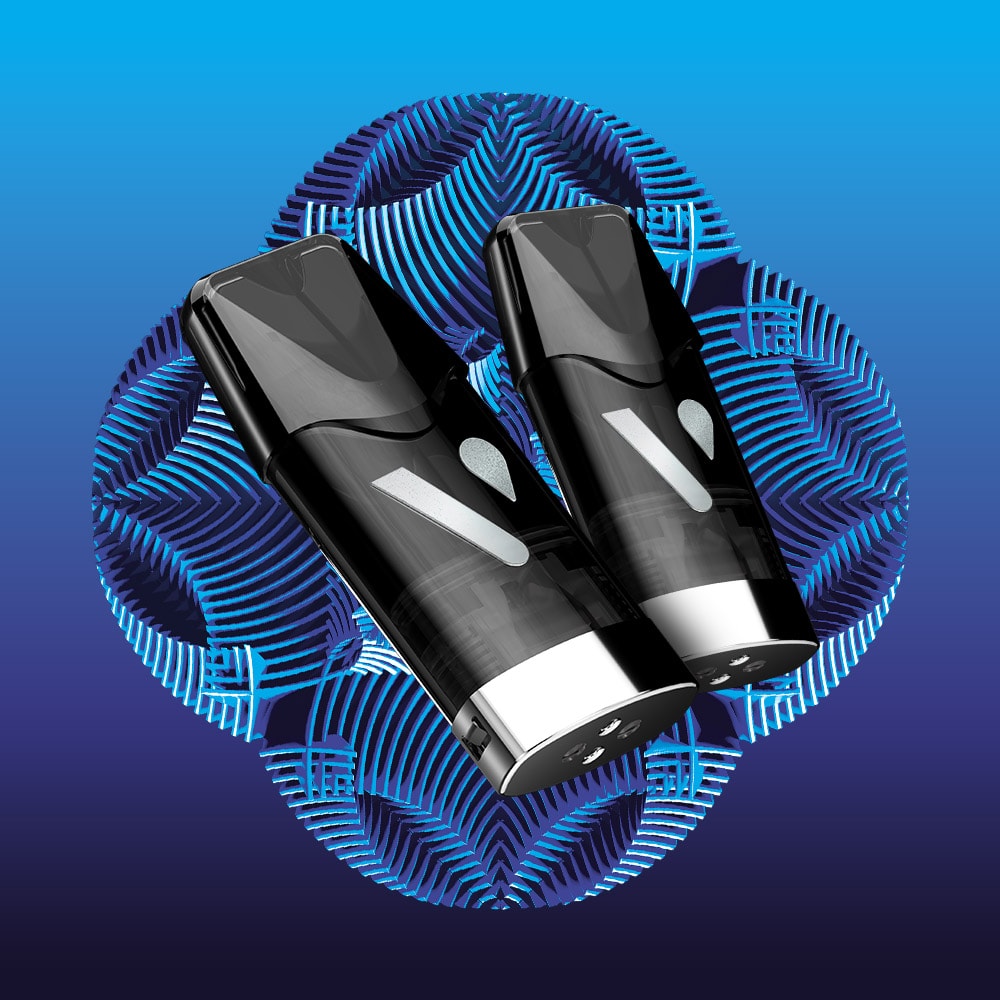 Two sleek Vuse Blueberry Ultra Smart Pods are side by side against a blue gradient background, with a circular geometric textured blue pattern behind them—delivering an elevated vaping experience.