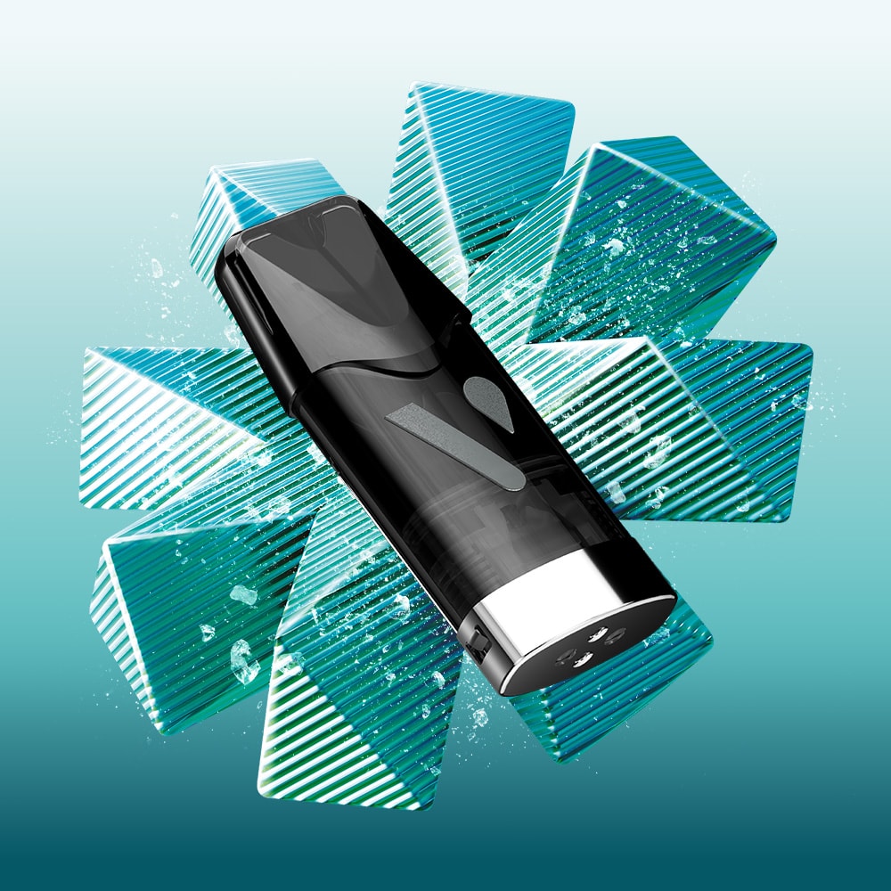 The Mint Ice Vuse Reload Box by Vuse is centered against icy blue geometric shapes, water droplets, and a frosty effect, evoking the fresh, cool sensation of its refreshing mint ice prefilled pod flavor.