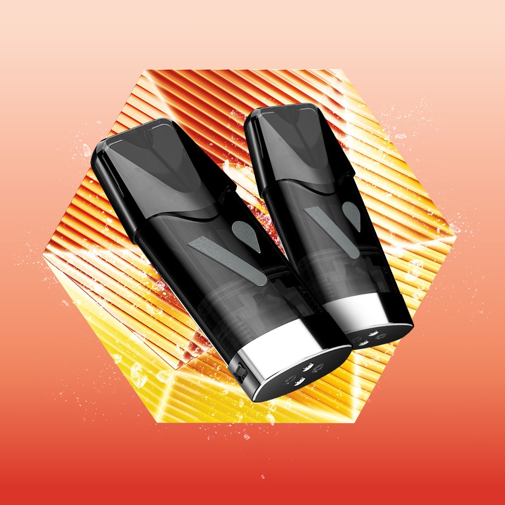 Two sleek, black cordless vacuum cleaners stand side by side before a hexagonal background with orange and yellow stripes, inspired by Peach Ice Vuse Extra Intense Flavour Pods, set against a gradient red backdrop.