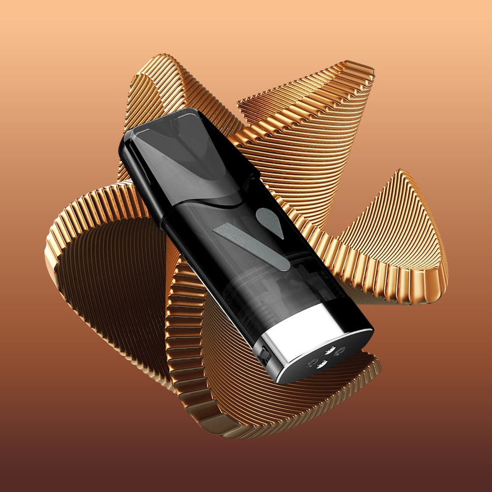 The Creamy Tobacco Vuse Reload Pen by Vuse is shown against wavy golden shapes on a gradient brown backdrop, emphasizing its premium design.