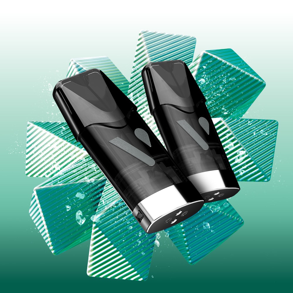 Two sleek black Spearmint Ice Vuse Extra Intense Flavour Pods with silver bottoms are displayed against a geometric teal and aqua background accented by water splashes, highlighting the refreshing taste of this sustainable vaping brand.