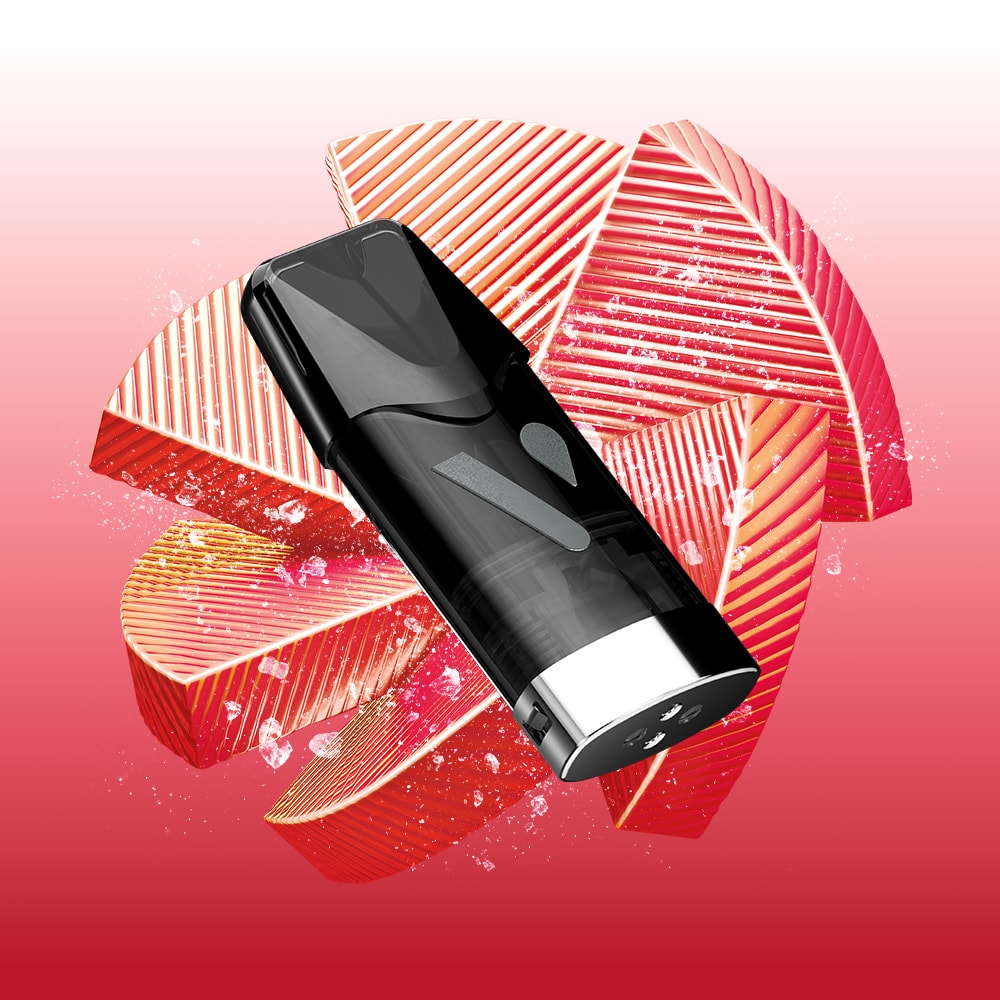 A Watermelon Ice Vuse Reload Box vape device by Vuse is shown at an angle on a pink gradient background with abstract, textured red and gold circles and water droplets.