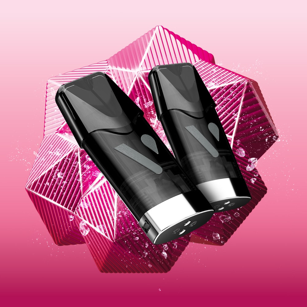 Two sleek black Raspberry Ice Vuse Extra Intense Flavour Pods with silver bases are angled before a shiny, geometric pink background with water droplets. These Vuse pods offer a cool, refreshing vape experience.
