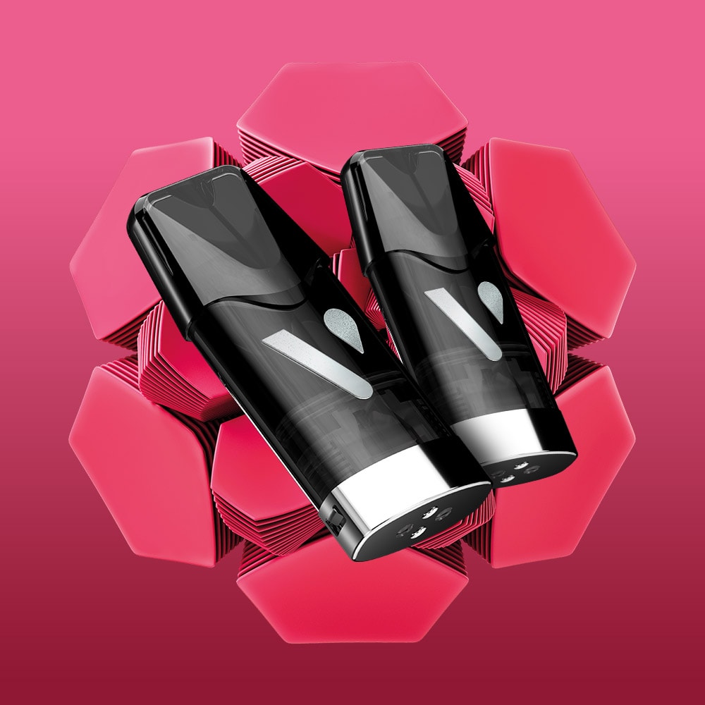 Two sleek Vuse Raspberry Ultra Smart Pod vape devices stand upright against a pink hexagonal backdrop, showcasing their modern design and advanced ceramic heater technology.